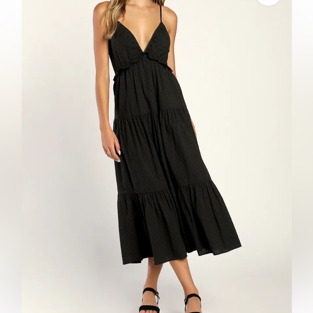 Lulus Never Looked Cuter Black Swiss Dot Tiered Midi Dress